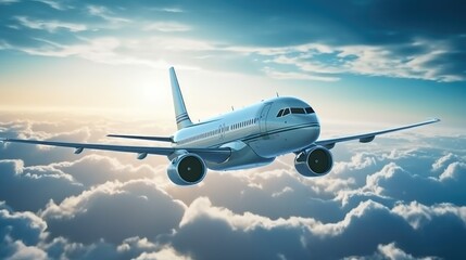 Naklejka na ściany i meble Private Jet fly in the cloud blue sky.