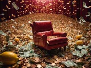 Money falling down on sofa and ground