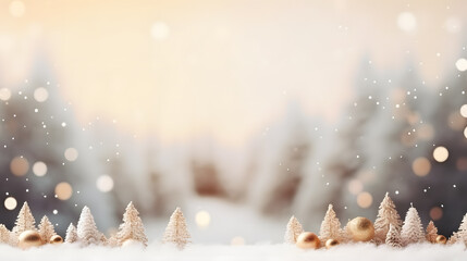 Une illustration montrant des sapin miniatures au premier-plan. En arrière-plan flou, des sapins pleins de neige.  