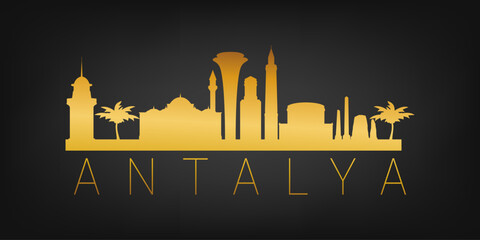 Obraz premium Antalya, Türkiye Gold Skyline City Silhouette Vector. Golden Design Luxury Style Icon Symbols. Travel and Tourism Famous Buildings.