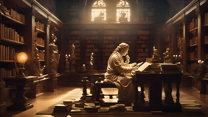 Philosopher reading books in an ancient library - obrazy, fototapety, plakaty