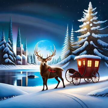 Christmas reindeer carriage bringing Christmas gifts
