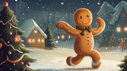 Illustration of a dancing gingerbread man against the background of a Christmas tree. Greeting card.