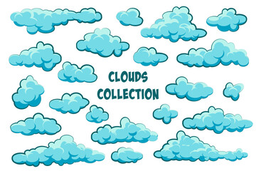 Painted cartoon clouds on blue background. Simple hand drawn round cloud, summer sky panorama, cloudscape. Flat design. Vector illustration