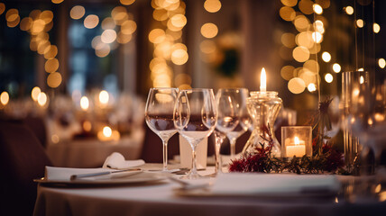 Beautiful wedding table serving with sparkling wine glasses, garland bokeh on the background. Restaurant bar romantic evening dinner food estate.
