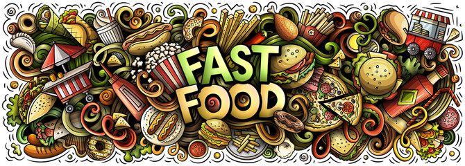 Fastfood detailed lettering cartoon illustration - obrazy, fototapety, plakaty