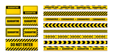 Various quarantine zone warning tapes and shields. Novel coronavirus outbreak. Global lockdown. Coronavirus danger stripe. Police caution line, restricted area. Construction tape. Vector illustration - obrazy, fototapety, plakaty
