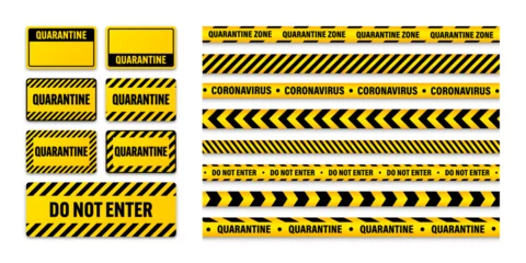Fotobehang Various quarantine zone warning tapes and shields. Novel coronavirus outbreak. Global lockdown. Coronavirus danger stripe. Police caution line, restricted area. Construction tape. Vector illustration © 32 pixels
