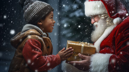 Santa gives a Christmas gift box to a  cute African American little boy