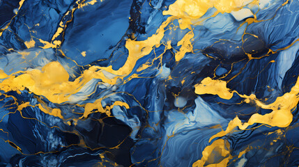 Abstract blue marble texture with golden lines on glossy surface for background or wallpaper presentation. Aspect ratio 16:9