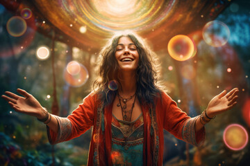 Hippie woman in ecstasy, cosmic ethereal trance - Conceptual illustration, mystical emotion, intense feeling, psychedelic trip, divine grace, spiritual awakening - obrazy, fototapety, plakaty