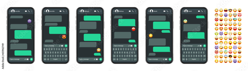 Wall mural smartphone messaging app, user interface with emoji. sms text frame. chat screen, green message bubb