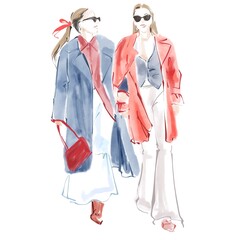 Street style outfits sketch fashion Illustration on a white background woman in stylish clothes
