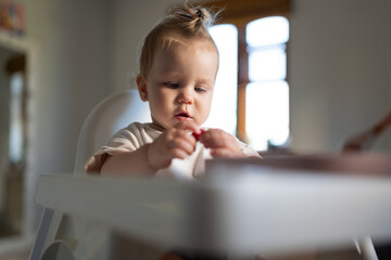 the child's first complementary feeding, the child eats independently while sitting in a high chair...