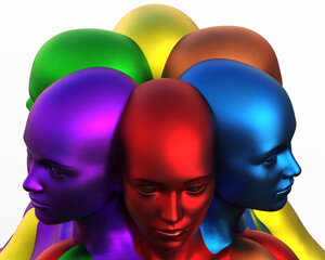 3D render of stuck together female bald multicolored heads on a white background. 