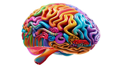 Drawing of a brain of colorful shapes representing the hemisphere of creativity. Creative Human Brain on transparent background, image with transparency PNG. Concept creativity. Generative ai