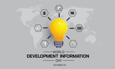 World Development Information Day design. It features a light bulb and surrounded by several information media symbol. Vector illustration