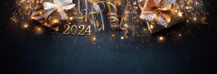 New year 2024 with bright lights,gifts and сhampagne - 651963599