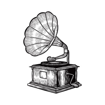 Hand drawn vintage gramophone. Black and white vintage music sketch. Vector illustration