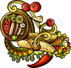 Mexican food detailed cartoon illustration