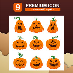 Vector flat premium icon set halloween orange pumpkin.