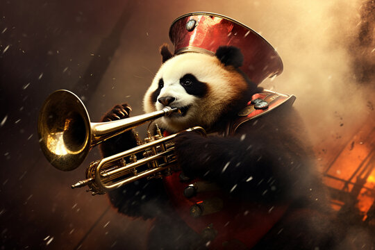 cute panda animal playing trumpet