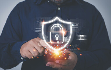 Cyberspace security concept and internet privacy data. Businessman login to system by smartphone,...