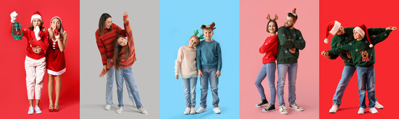 Collage of different people in Christmas clothes on color background