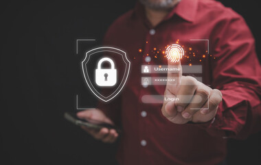 Cyberspace security concept and internet privacy data. Businessman login to system by smartphone,...
