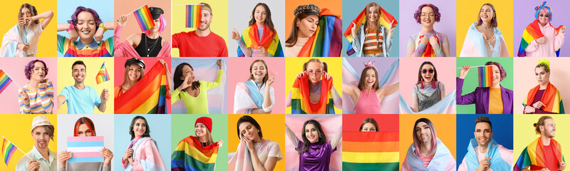 Set of different people with LGBT flags on color background