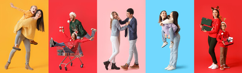 Collage of different people with Christmas gifts and in winter clothes on color background