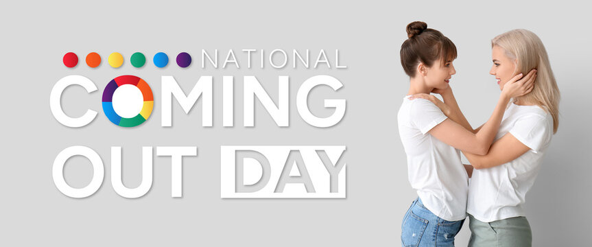 Banner for National Coming Out Day with young lesbian couple