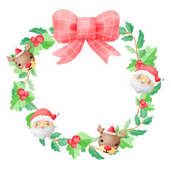 Watercolor Christmas circle wreath with reindeer and Santa