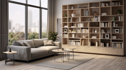 Interior of a bright living room in Japandi style with a cozy white sofa, shelves with books and large panoramic windows
