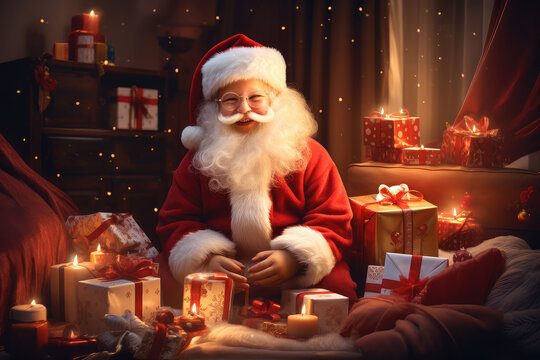 Happy Santa Claus children with open gift boxes Surrounded by many gifts in the bedroom On a warm, light background to copy the Christmas badge.