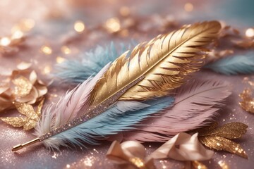 beautiful feather and glitter background. ai generative