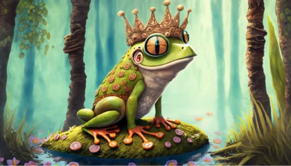 Deurstickers frog prince illustration, fairy tale frog with a crown on his head © Gabriella88