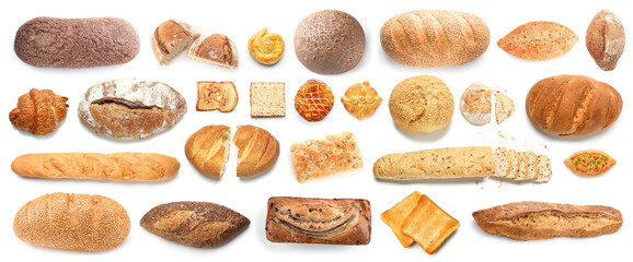 Set of fresh bakery products on white background