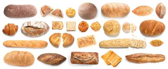 Gordijnen Set of fresh bakery products on white background © Pixel-Shot