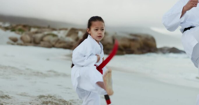 Beach, karate teacher or kid learning martial arts, fighting or self defense for wellness or fitness. Man, master or coach teaching a young girl or student in workout, exercise or training in nature