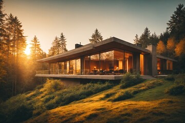 beautiful modern architecture home in a forest lands. ai generative