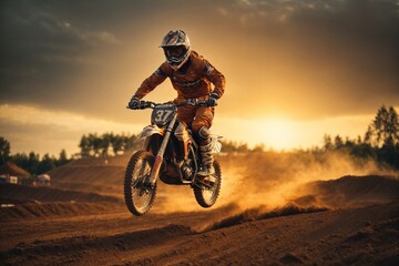 Extreme motocross MX. Rider jump on dirt track wide. ai generative