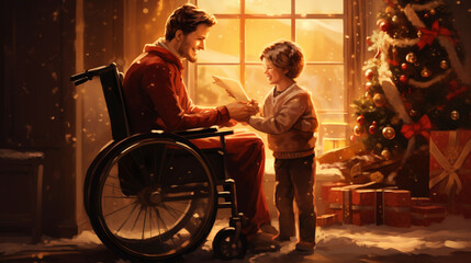 Fototapeta na wymiar Illustration of a man in a wheelchair with his son near the Christmas tree.