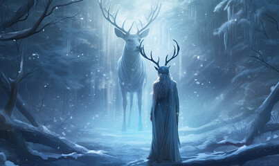 deer and person with antlers, fantasy pagan winter solstice. - obrazy, fototapety, plakaty