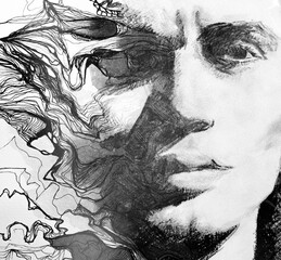 A surreal black and white closeup paintography male portrait