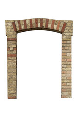 Arched antique doorway frame with a free space in a brick wall is isolated on transparent...