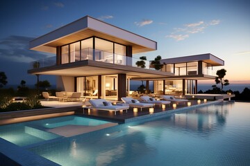 Fototapeta premium Exterior of a modern villa with a large swimming pool among palm trees.