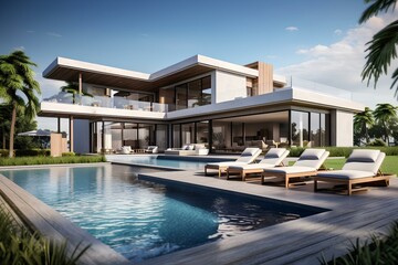 Fototapeta premium Exterior of a modern villa with a large swimming pool among palm trees.