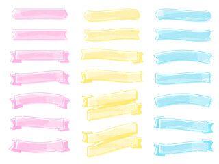 手描き水彩風のガーリーなリボンのベクターイラストセット