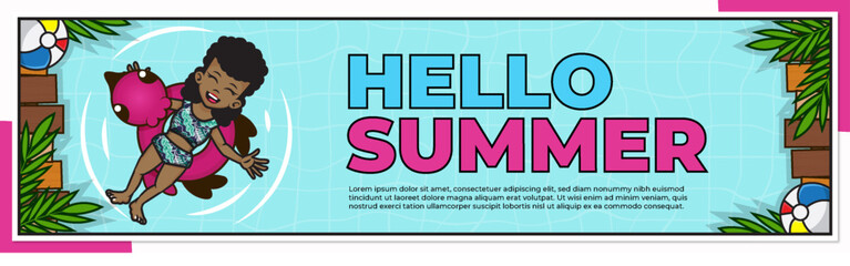 Banner of hello summer with a girl are relaxing and floating on floats vector illustration